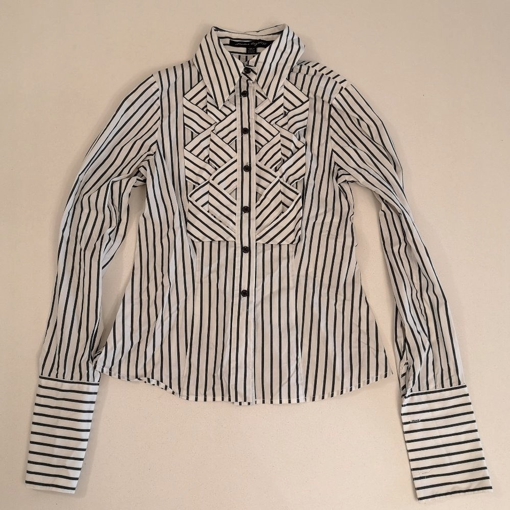 Sandra Auglazzi Striped office blouse with pleated detail black and white small